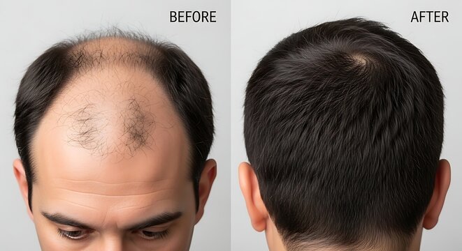 Before and after hair transplant: a man's head showing significant hair growth after procedure to address balding with hair loss