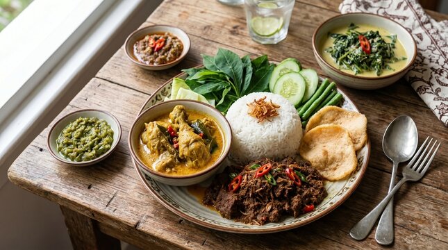 Indonesian Nasi Padang featuring yellow chicken gulai, shredded beef rendang, gulai daun singkong, spicy sambal, and fresh vegetables on a rustic wooden table.