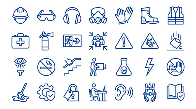Collection of safety icons representing workplace hazards and protective equipment for industrial and construction environments