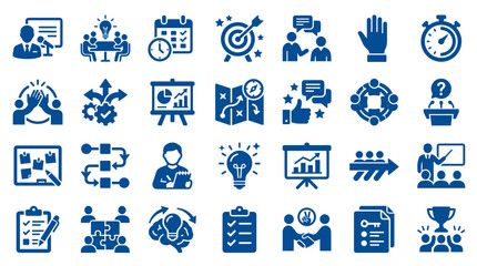 Fototapeta premium Collection of blue business strategy icons representing planning teamwork goals and success in a modern flat design style