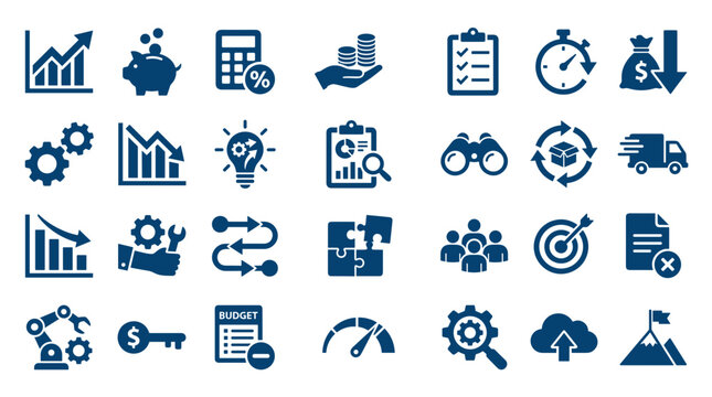 Collection of business and finance icons representing growth strategy planning analysis and success in modern commerce