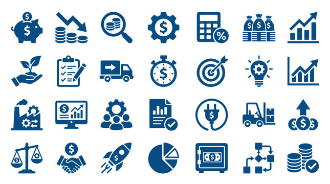 Collection of business and finance icons representing growth strategy investment success and industry progress with blue color palette