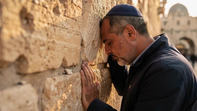 Jewish man praying at the Western Wall in Jerusalem showing faith and spirituality during sunset