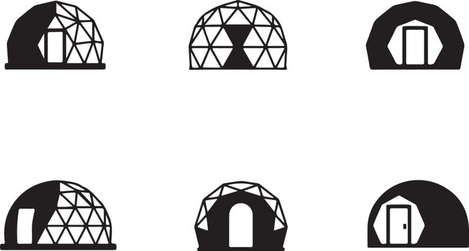 Glamping pods silhouette icon set, using flat filled black color symbol, editable vector illustration design