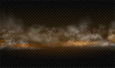 Fototapeta premium Fire and smoke rising from floor surface with glowing flame. Vector vapor spreading across ground. Background for danger concept or energy theme, disaster scene or powerful dramatic design