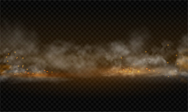 Fire and smoke rising from floor surface with glowing flame. Vector vapor spreading across ground. Background for danger concept or energy theme, disaster scene or powerful dramatic design