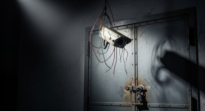 Damaged Security Camera Dangling from Wires