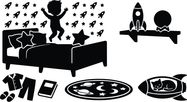 Vector line art bedroom dream scene with child jumping on bed rockets stars and space objects