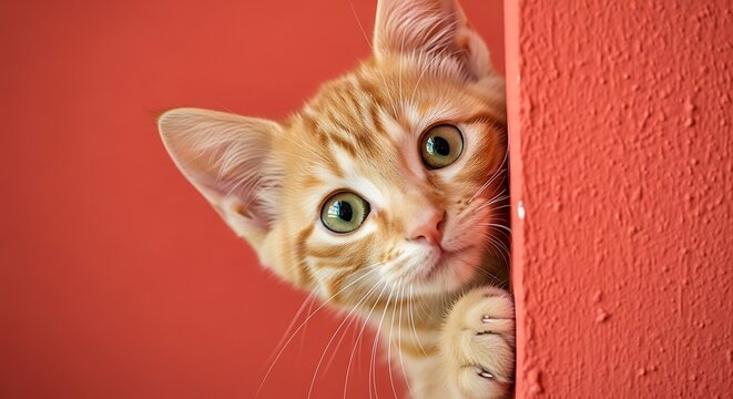 Adorable orange tabby kitten with bright green eyes peeking from behind a textured red wall animal photography baby animal