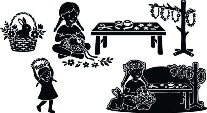 Children making flower crowns in a garden with bunny and crafts