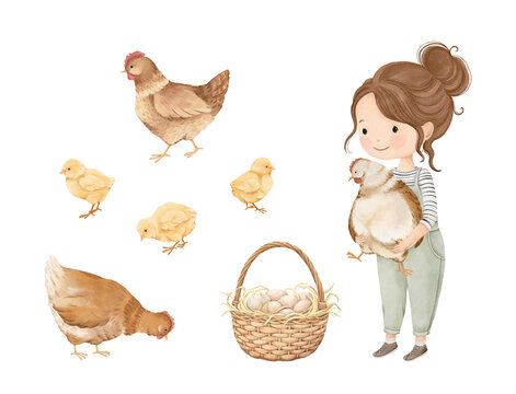Watercolor set with girl, chickens, chicks and basket of eggs. Isolated rustic collection with cute farm animals and cartoon girl for your design.
