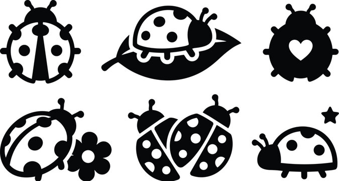 Cute ladybug icons set with leaf flower and star shapes in bold silhouettes