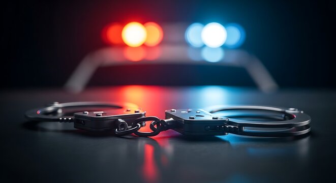 Handcuffs on a dark surface with blurry red and blue police car lights in background handcuffs authority enforcement security