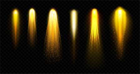 Rocket fire flame set. Vector set of exhaust plumes with realistic ignition effect and particle emission. Dynamic exhaust energy burst, heat flow and motion trail. Propulsion concept, launch effect © Sensvector