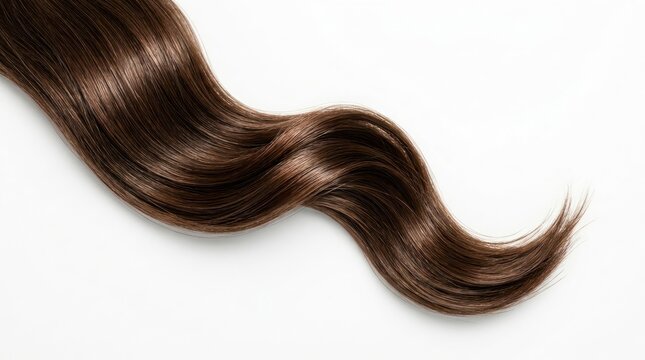 A single, wavy strand of brown hair, likely human, displayed against a white background.  