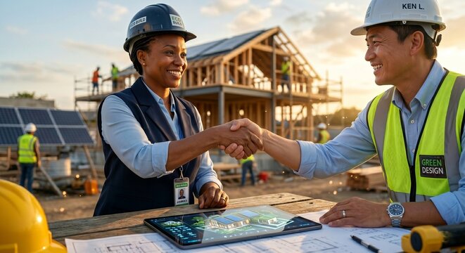 Construction Architects Shaking Hands Over Green Building Blueprint Tablet