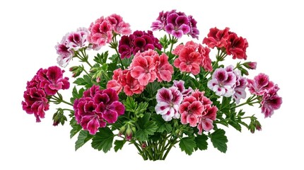 Fototapeta premium A vibrant bouquet of geranium flowers in shades of pink, red, and purple, arranged in a cluster with green leaves.