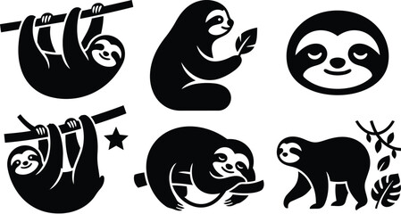 Fototapeta premium Vector silhouettes of sloths hanging and lounging with leaves in a playful set