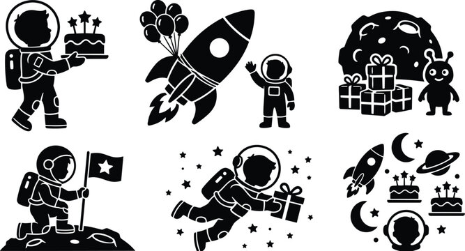 Space themed birthday celebration vector set with astronauts rocket cake balloons and gifts