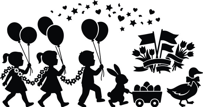Easter parade silhouettes with children balloons bunny and eggs in line art