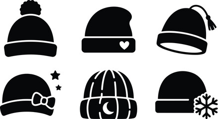 Fototapeta premium Six black and white winter hats vector icons in flat design