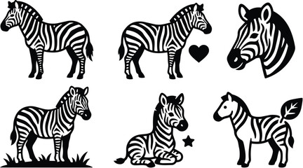 Obraz premium Zebra silhouettes collection in vector line art style with playful poses for logos