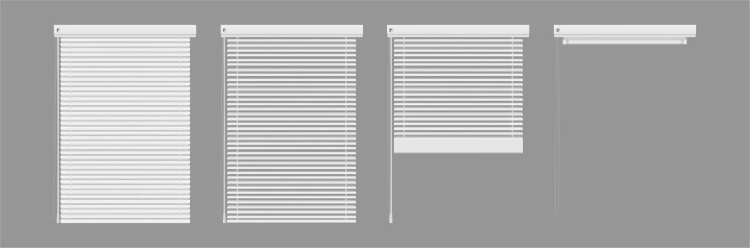 Minimalist blind window mockup in different open positions. Vector realistic horizontal louver template with partially opened slats. Fabric textures, custom designs or interior decoration