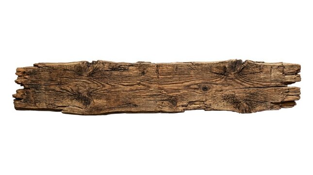A weathered wooden plank lying horizontally, showcasing signs of age and decay, with rough, textured surface and dark brown coloration.