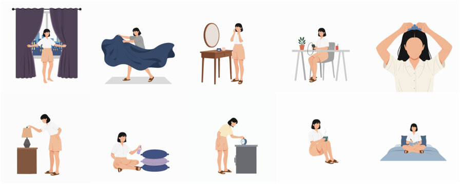 Flat Graphic Lifestyle of Woman Doing Daily Morning Routine Activity