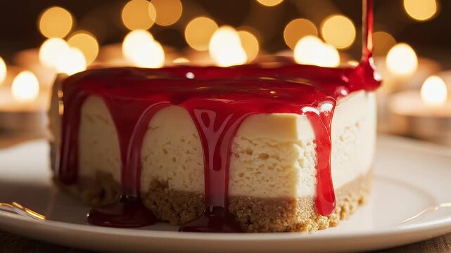 Delicious raspberry syrup dripping onto a romantic heart shaped cheesecake dessert for valentine's day, served on a dark plate with fresh berries and soft candlelight for a special dinner