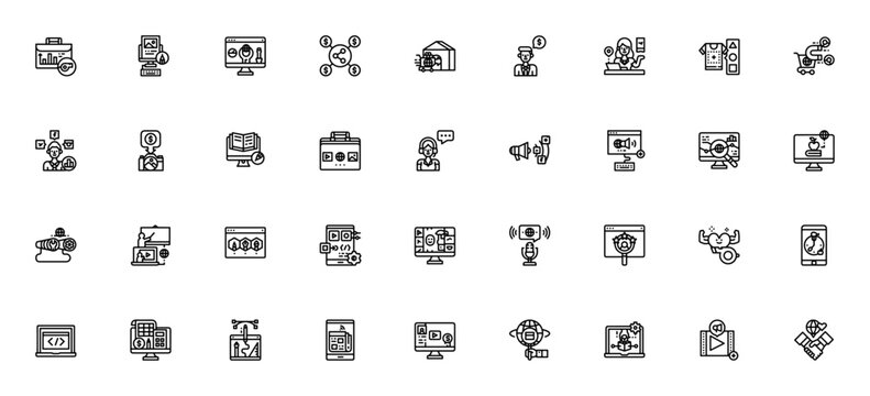 Online Business icon set. Vector icons pack for web, marketing, and digital services. Includes blogger, affiliate, SEO, app development, e-commerce, social media, and more. Editable stroke.
