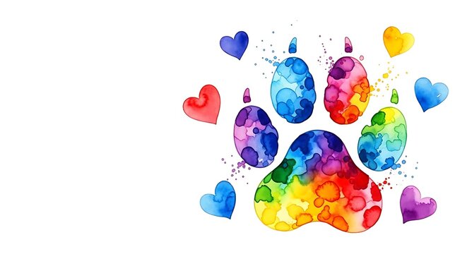 Rainbow pet paw print with watercolor paint splashes and floating hearts watercolor colorful painting creative illustration