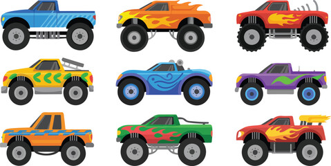 Set of Colorful Monster Truck Vector Illustrations Featuring Flame Decals and Big Tires for Offroad Racing Games Toy Design and Childrens Stickers Isolated on White Background © Sonaton