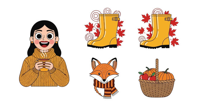 Cute autumn girl holding warm drink wearing cozy sweater with fall boots and harvest basket
