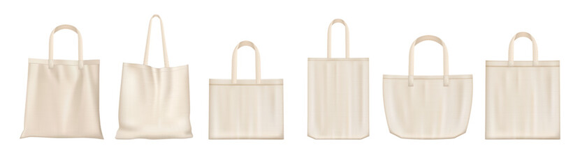 Fototapeta na wymiar Tote bags mockups in various shapes and handle lengths. Vector realistic set of cloth canvas eco shoppers. Blank fabric cotton or linen reusable grocery handbags, custom designs ecobags