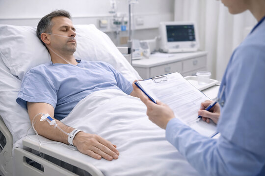 Photorealistic clinical treatment setup: IV fluid bag connected to an infusion pump with tubing in a clean hospital environment