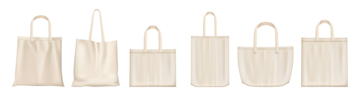 Tote bags mockups in various shapes and handle lengths. Vector realistic set of cloth canvas eco shoppers. Blank fabric cotton or linen reusable grocery handbags, custom designs ecobags