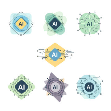 Collection of AI logos with technological and abstract designs.