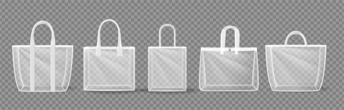 Clear bag mockups in realistic style. Vector accessories in form of rectangular, square and trapezoid shapes with transparent material and structured handles. Packaging design and branding placement
