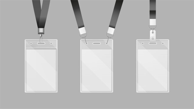 Badge mockup with plastic surface and metal clips. Vector isolated collection of vertical identification card design templates. Office pass or permits, identifier for event or conference use