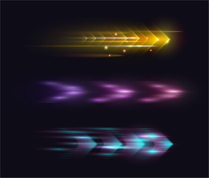 Futuristic arrows with motion blur and neon lighting effect. Vector speed, technology and progress abstract design elements. Digital backgrounds and gaming visuals, infographics or modern UI component