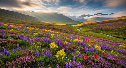 Fototapeta premium Ethereal sunbeams illuminate a vibrant wildflower valley, a majestic mountain panorama under dramatic clouds, creating a breathtaking and serene natural landscape