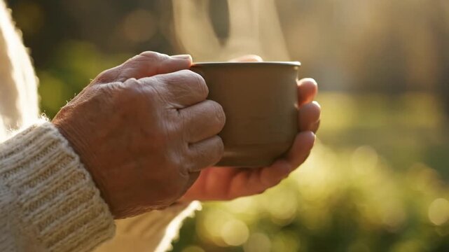 Hands of Senior Woman Holding Warm Steaming Cup Outdoors
