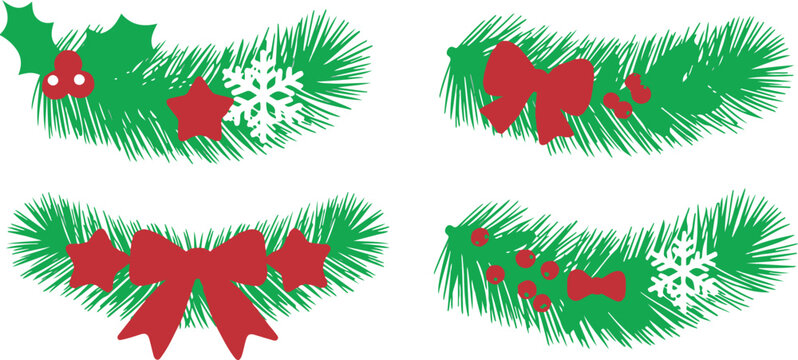 Christmas pine branch vector illustration set with red bows holly berries stars and white snowflakes for winter holiday decoration
