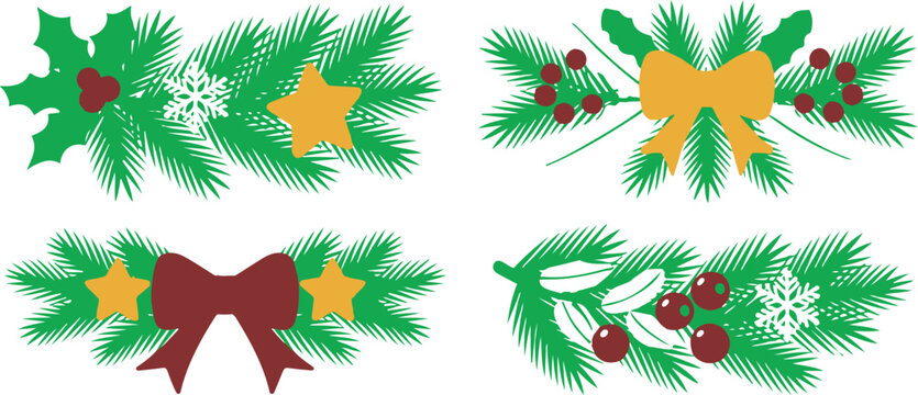Christmas pine branch vector illustration set with red bows holly berries stars and white snowflakes for winter holiday decoration