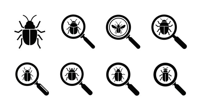 Bug Investigation Icons: Magnifying Glass Searching for Insects, Bugs, and Errors
