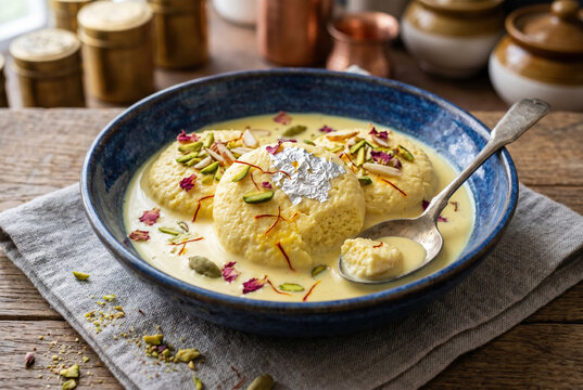 Ras malai dessert served in saffron milk with nut garnish
