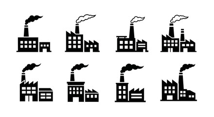 Fototapeta premium Factory Icons Set: Industrial Buildings with Smoke Stacks, Pollution, Manufacturing, Power Generation