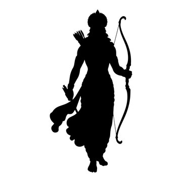 Black silhouette of Lord Ram with bow isolated on white background