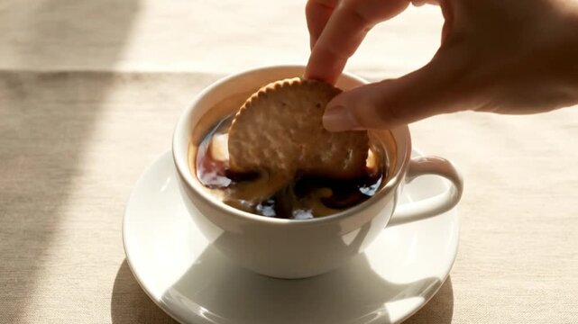 Hand Dipping Round Cookie into Cup of Fresh Espresso